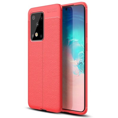 Szilikon hátlapvédő telefontok (közepesen ütésálló, bőr hatású, varrás minta) Piros [Samsung Galaxy S20 Ultra (SM-G988F)]
