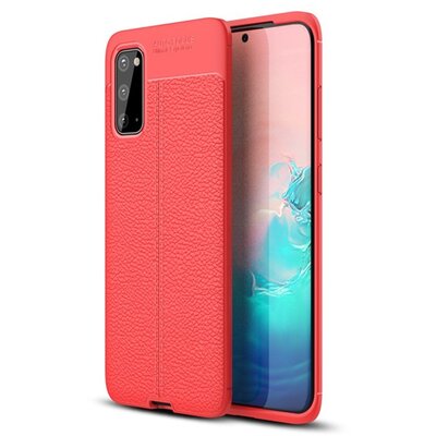 Szilikon hátlapvédő telefontok (közepesen ütésálló, bőr hatású, varrás minta) Piros [Samsung Galaxy S20 (SM-G980F)]
