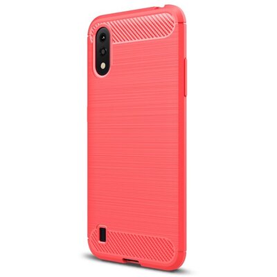 Szilikon hátlapvédő telefontok (közepesen ütésálló, légpárnás sarok, szálcsiszolt, karbon minta) Piros [Samsung Galaxy A01 (SM-A015F)]