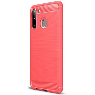 Szilikon hátlapvédő telefontok (közepesen ütésálló, légpárnás sarok, szálcsiszolt, karbon minta) Piros [Samsung Galaxy A21 (SM-A210F)]
