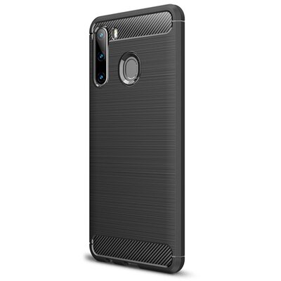 Szilikon hátlapvédő telefontok (közepesen ütésálló, légpárnás sarok, szálcsiszolt, karbon minta) Fekete [Samsung Galaxy A21 (SM-A210F)]
