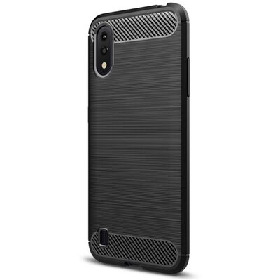 Szilikon hátlapvédő telefontok (közepesen ütésálló, légpárnás sarok, szálcsiszolt, karbon minta) Fekete [Samsung Galaxy A01 (SM-A015F)]