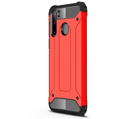 Defender műanyag hátlapvédő telefontok (közepesen ütésálló, légpárnás sarok, szilikon belső, fémhatás) Piros [Samsung Galaxy A21 (SM-A210F)]