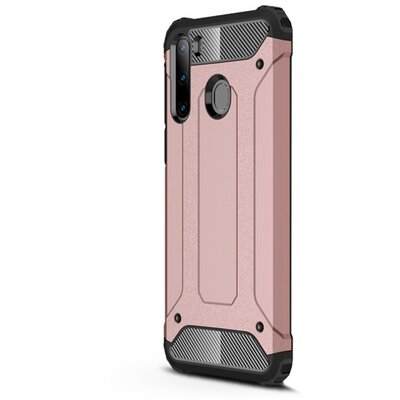 Defender műanyag hátlapvédő telefontok (közepesen ütésálló, légpárnás sarok, szilikon belső, fémhatás) RoseGold [Samsung Galaxy A21 (SM-A210F)]
