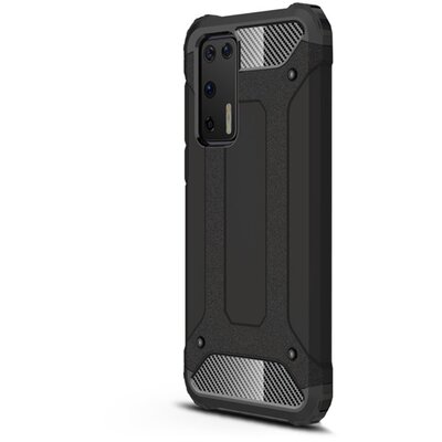 Defender műanyag hátlapvédő telefontok (közepesen ütésálló, légpárnás sarok, szilikon belső, fémhatás) Fekete [Huawei P40]