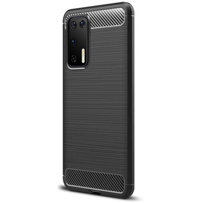 Szilikon hátlapvédő telefontok (közepesen ütésálló, légpárnás sarok, szálcsiszolt, karbon minta) Fekete [Huawei P40]