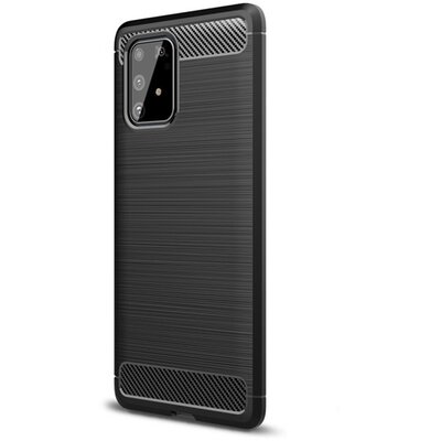 Szilikon hátlapvédő telefontok (közepesen ütésálló, légpárnás sarok, szálcsiszolt, karbon minta) Fekete [Samsung Galaxy S10 Lite (SM-A915F)]