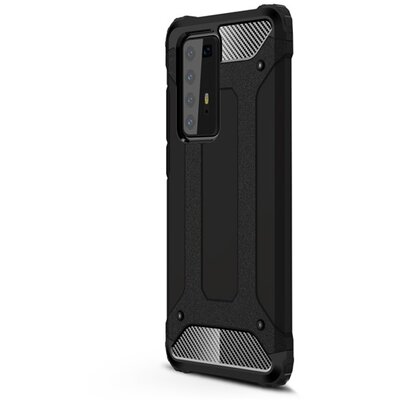 Defender műanyag hátlapvédő telefontok (közepesen ütésálló, légpárnás sarok, szilikon belső, fémhatás) Fekete [Huawei P40 Pro]