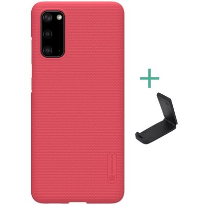 Nillkin Super Frosted műanyag hátlapvédő telefontok (gumírozott, érdes felület + asztali tartó) Piros [Samsung Galaxy S20 (SM-G980F)]