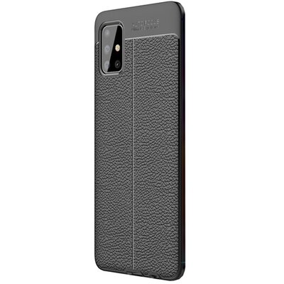 Szilikon hátlapvédő telefontok (közepesen ütésálló, bőr hatású, varrás minta) Fekete [Samsung Galaxy A51 (SM-A515F)]