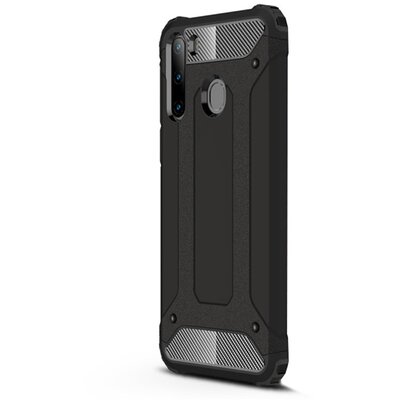 Defender műanyag hátlapvédő telefontok (közepesen ütésálló, légpárnás sarok, szilikon belső, fémhatás) Fekete [Samsung Galaxy A21 (SM-A210F)]