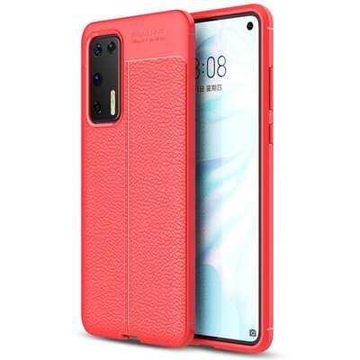 Szilikon hátlapvédő telefontok (közepesen ütésálló, bőr hatású, varrás minta) Piros [Huawei P40]