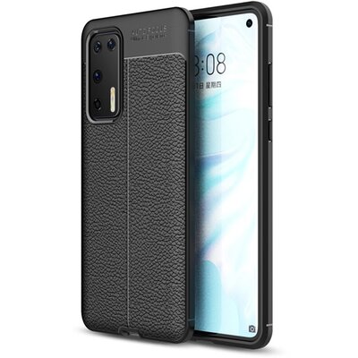 Szilikon hátlapvédő telefontok (közepesen ütésálló, bőr hatású, varrás minta) Fekete [Huawei P40]