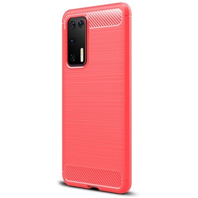 Szilikon hátlapvédő telefontok (közepesen ütésálló, légpárnás sarok, szálcsiszolt, karbon minta) Piros [Huawei P40]