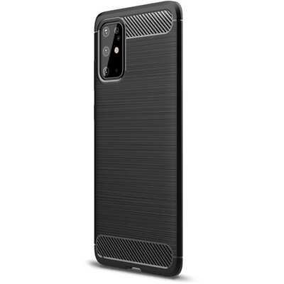 Szilikon hátlapvédő telefontok (közepesen ütésálló, légpárnás sarok, szálcsiszolt, karbon minta) Fekete [Samsung Galaxy S20+ Plus (SM-G985F)]