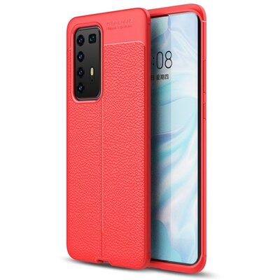 Szilikon hátlapvédő telefontok (közepesen ütésálló, bőr hatású, varrás minta) Piros [Huawei P40 Pro]