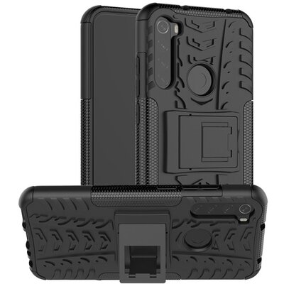 Defender műanyag hátlapvédő telefontok (közepesen ütésálló, szilikon belső, kitámasztó, autógumi minta) Fekete [Xiaomi Redmi Note 8T]