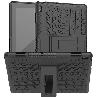 Defender műanyag tablet védőtok (közepesen ütésálló, szilikon belső, kitámasztó, autógumi minta), Fekete [Lenovo Tab E10 (TB-X104F)]