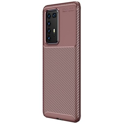 Szilikon hátlapvédő telefontok (közepesen ütésálló, légpárnás sarok, karbon minta) Barna [Huawei P40 Pro]