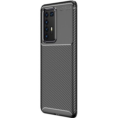 Szilikon hátlapvédő telefontok (közepesen ütésálló, légpárnás sarok, karbon minta) Fekete [Huawei P40 Pro]