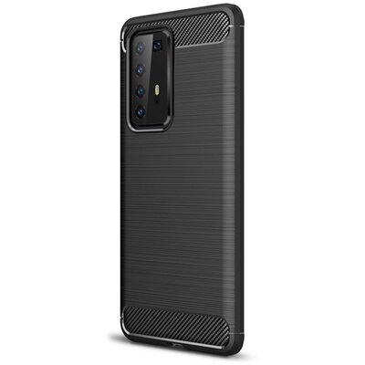 Szilikon hátlapvédő telefontok (közepesen ütésálló, légpárnás sarok, szálcsiszolt, karbon minta) Fekete [Huawei P40 Pro]
