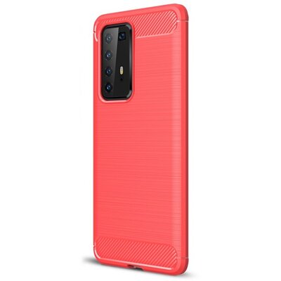 Szilikon hátlapvédő telefontok (közepesen ütésálló, légpárnás sarok, szálcsiszolt, karbon minta) Piros [Huawei P40 Pro]
