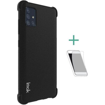 IMAK szilikon hátlapvédő telefontok (közepesen ütésálló, légpárnás sarok, matt + kijelzővédő fólia) Fekete [Samsung Galaxy A71 (SM-A715F)]