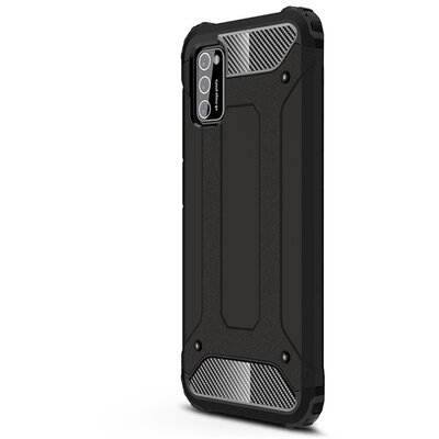 Defender műanyag hátlapvédő telefontok (közepesen ütésálló, légpárnás sarok, szilikon belső, fémhatás) Fekete [Samsung Galaxy A41 (SM-A415F)]