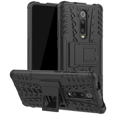 Defender műanyag hátlapvédő telefontok (közepesen ütésálló, szilikon belső, kitámasztó, autógumi minta) Fekete [Xiaomi Redmi K30 / K30 5G]