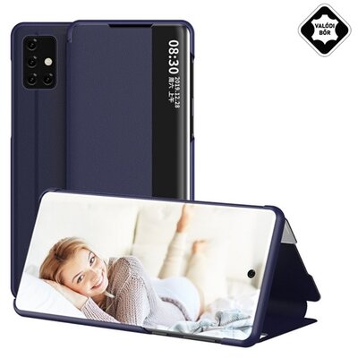 Telefontok álló, valódi bőr (aktív flip, oldalra nyíló, Smart View Cover) Sötétkék [Samsung Galaxy A51 (SM-A515F)]