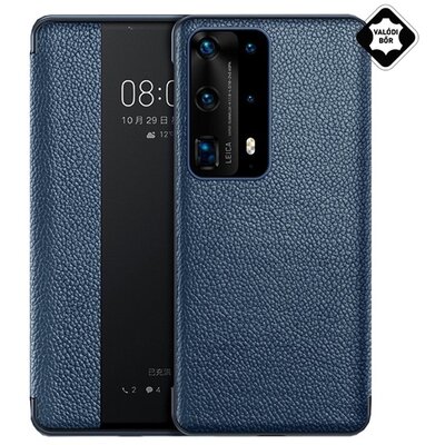 Telefontok álló, valódi bőr (aktív flip, oldalra nyíló, Smart View Cover) Sötétkék [Huawei P40]