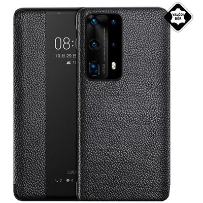 Telefontok álló, valódi bőr (aktív flip, oldalra nyíló, Smart View Cover) Fekete [Huawei P40]