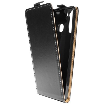 Telefontok álló, bőr hatású (flip, lefelé nyíló, szilikon tartó) Fekete [Samsung Galaxy A21 (SM-A210F)]