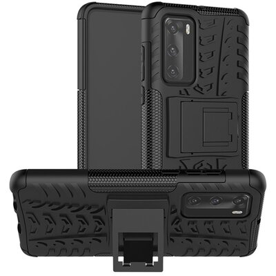 Defender műanyag hátlapvédő telefontok (közepesen ütésálló, szilikon belső, kitámasztó, autógumi minta) Fekete [Huawei P40]