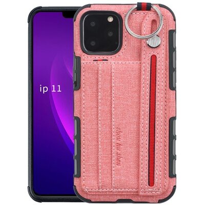 Szilikon hátlapvédő telefontok (közepesen ütésálló, asztali tartó funkció, bankkártya tartó, textil hátlap + kézpánt) Rózsaszín [Apple iPhone 11 Pro]