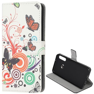 Telefontok álló, bőr hatású (flip, oldalra nyíló, asztali tartó funkció, pillangó, kör minta) Fehér [Huawei P40 Lite E]
