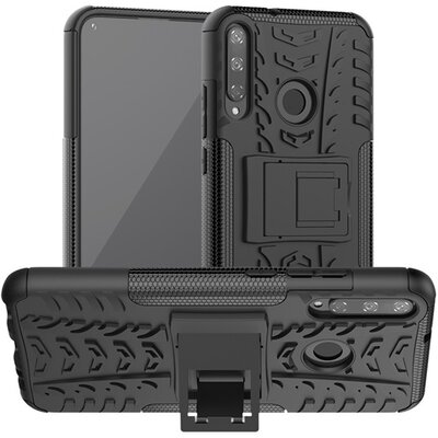 Defender műanyag hátlapvédő telefontok (közepesen ütésálló, szilikon belső, kitámasztó, autógumi minta) Fekete [Huawei P40 Lite E / Y7p]