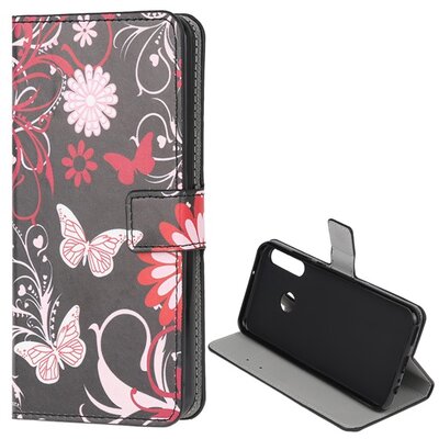 Telefontok álló, bőr hatású (flip, oldalra nyíló, asztali tartó funkció, pillangó, virág minta) Fekete [Huawei P40 Lite E / Y7p]