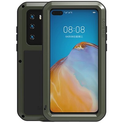 LOVE MEI Powerful defender elő- és hátlapvédő telefontok, gumi (ütésálló, fém keret + Gorilla Glass üveg) SötétZöld [Huawei P40]