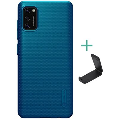 Nillkin Super Frosted műanyag hátlapvédő telefontok (gumírozott, érdes felület + asztali tartó) Kék [Samsung Galaxy A41 (SM-A415F)]