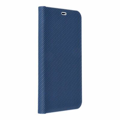 Luna Carbon elegáns karbon mintás flipes oldalra nyíló telefontok, alumínium élekkel - Samsung Galaxy A40, kék