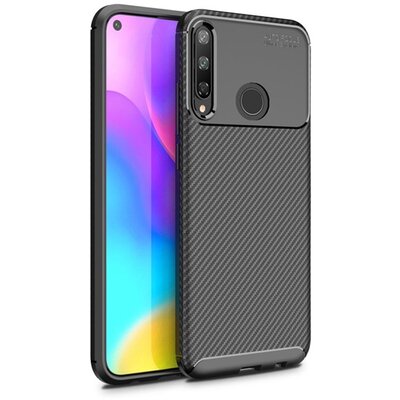 Szilikon hátlapvédő telefontok (közepesen ütésálló, légpárnás sarok, karbon minta) Fekete [Huawei P40 Lite E / Y7p]