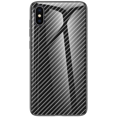 Hátlapvédő telefontok, szilikon keret (BUMPER, edzett üveg hátlap, karbon minta) Fekete [Apple iPhone X 5.8, Apple iPhone XS 5.8]