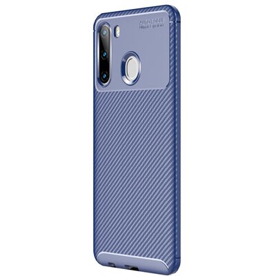 Szilikon hátlapvédő telefontok (közepesen ütésálló, légpárnás sarok, karbon minta) Sötétkék [Samsung Galaxy A21 (SM-A210F)]