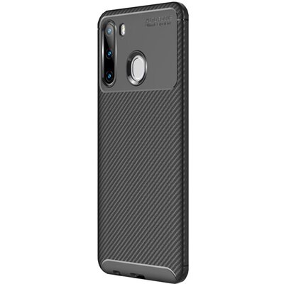 Szilikon hátlapvédő telefontok (közepesen ütésálló, légpárnás sarok, karbon minta) Fekete [Samsung Galaxy A21 (SM-A210F)]