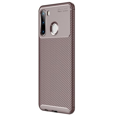 Szilikon hátlapvédő telefontok (közepesen ütésálló, légpárnás sarok, karbon minta) Barna [Samsung Galaxy A21 (SM-A210F)]
