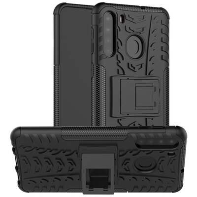 Defender műanyag hátlapvédő telefontok (közepesen ütésálló, szilikon belső, kitámasztó, autógumi minta) Fekete [Samsung Galaxy A21 (SM-A210F)]