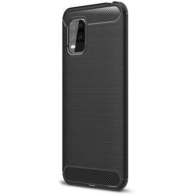 Szilikon hátlapvédő telefontok (közepesen ütésálló, légpárnás sarok, szálcsiszolt, karbon minta) Fekete [Xiaomi Mi 10 Lite 5G]