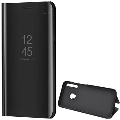 Telefontok álló (aktív flip, oldalra nyíló, asztali tartó funkció, tükrös felület, Mirror View Case) Fekete [Huawei P40 Lite E / Y7p]