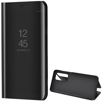 Telefontok álló (aktív flip, oldalra nyíló, asztali tartó funkció, tükrös felület, Mirror View Case) Fekete [Huawei P40]